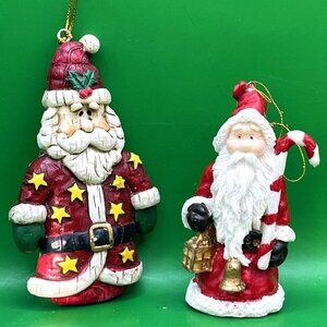 Set 2 Vintage Santa Ornaments Resin Folk Art Stars Candy Cane Christmas Holiday